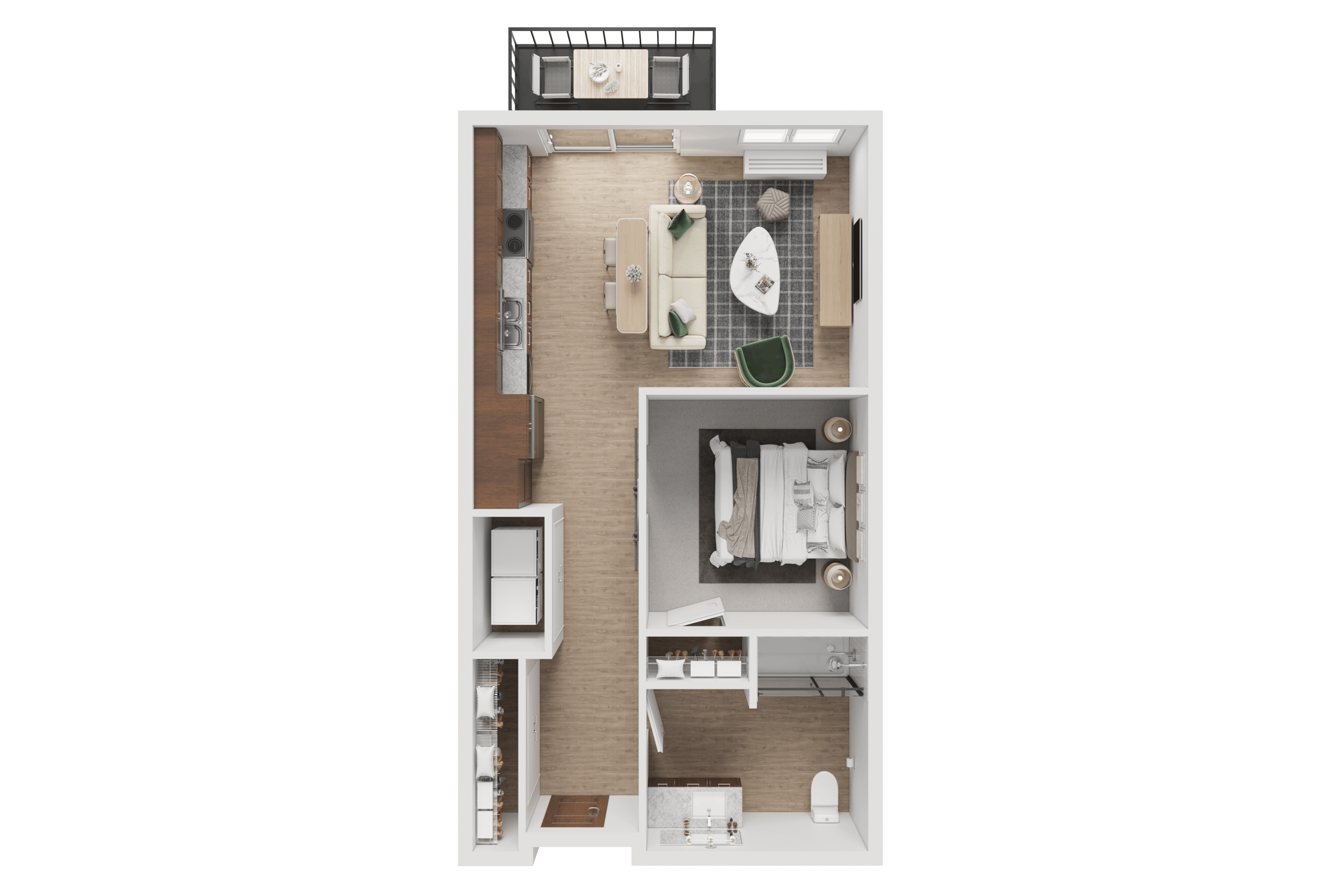 Floor plan for 1 bed, 1 bath, 651 sqft
